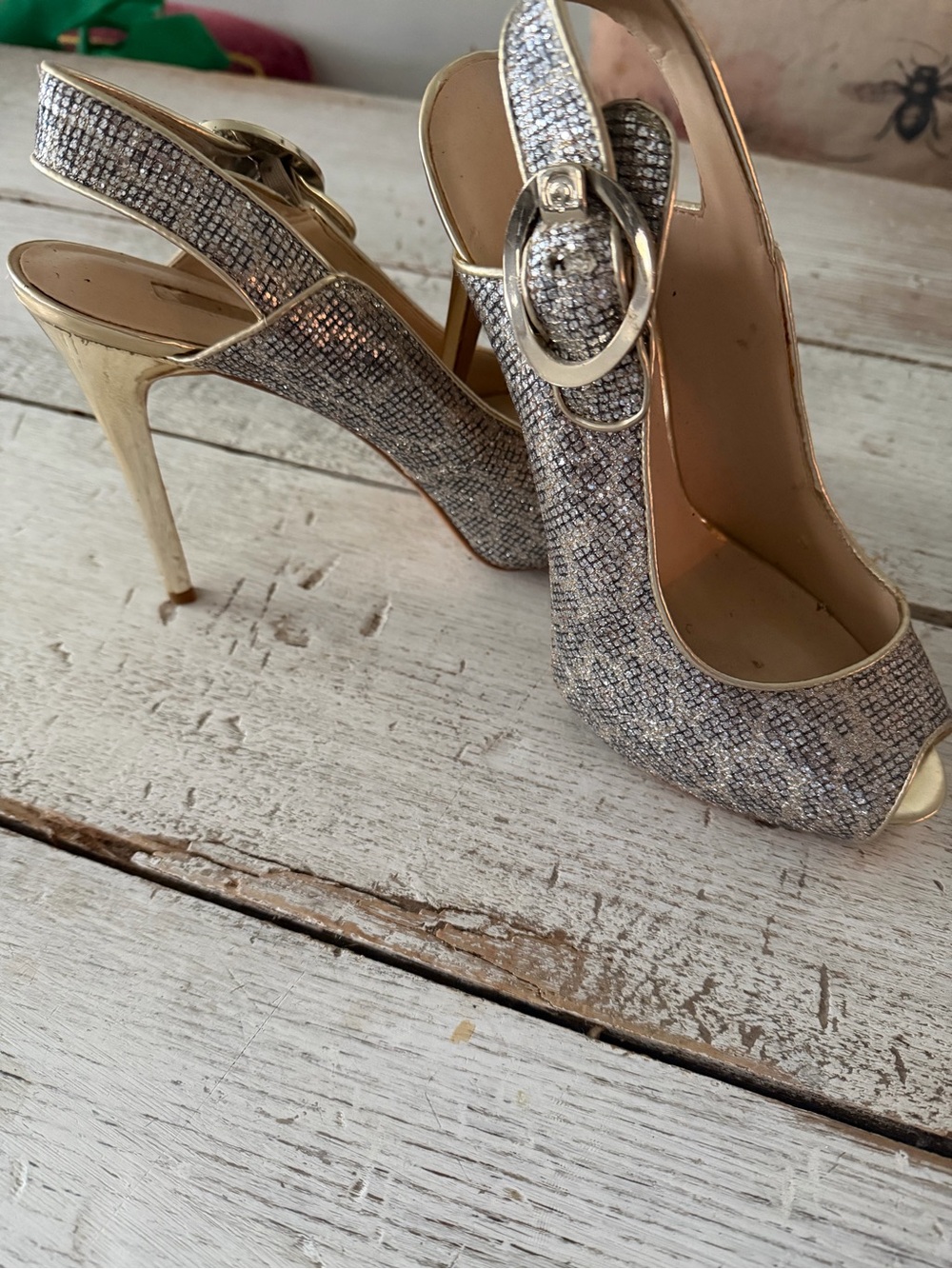 Guess Gold Glitter Slingback Peep-Toe Heels with Buckle